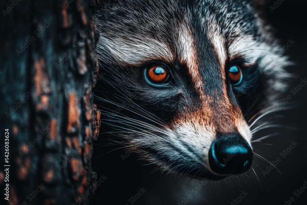 Aufkleber close-up of a curious raccoon peering from behind a tree trunk in the twilight forest