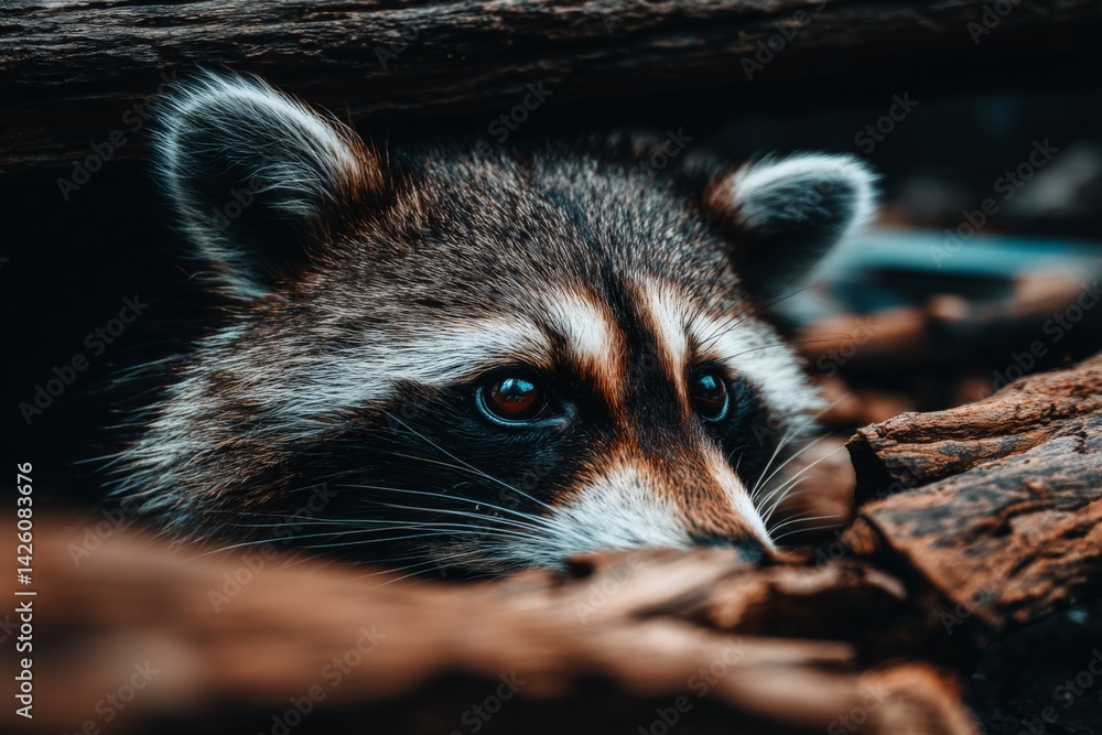 Poster Raccoon peeking from behind logs in a forest during twilight hours in a serene natural setting