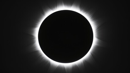 Complete eclipse of the Sun with moon fully covering the solar disk and the Sun's corona visible during totality.