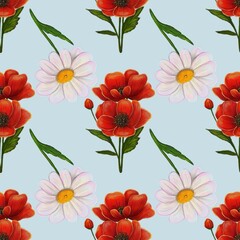 A seamless floral pattern featuring vibrant red poppies and white daisies against a light blue background. The flowers are arranged in a balanced, repeating design, showcasing their natural beauty.