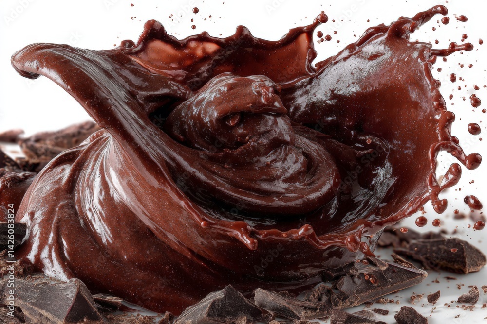 Aufkleber Chocolate splashes create a dynamic texture and rich color against dark chocolate pieces in a culinary display