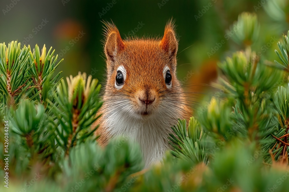 Poster curious squirrel peeking through greenery in a natural setting during daylight hours