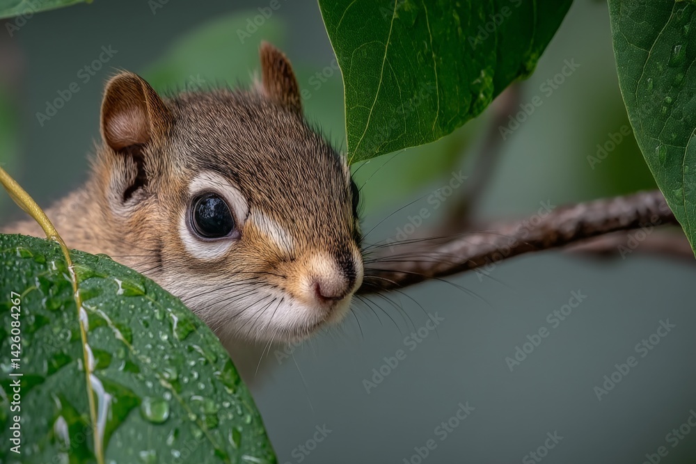 Poster curious squirrel peers out from behind leaves after a light rain in a tranquil garden setting