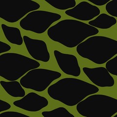 A seamless abstract pattern featuring organic shapes in black and olive green. The design resembles a camouflage or natural stone texture, suitable for backgrounds or fabric designs.