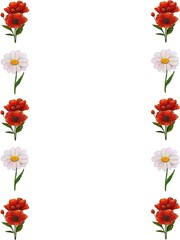 A decorative border featuring red flowers and white daisies arranged vertically on a plain white background.
