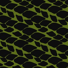 A seamless camouflage pattern featuring organic shapes in dark green and black tones. The design is abstract and suitable for various applications such as textiles, fashion, and military gear.