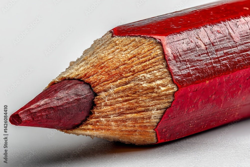 Poster close-up of a sharpened red pencil showcasing wood texture and vibrant color in bright light