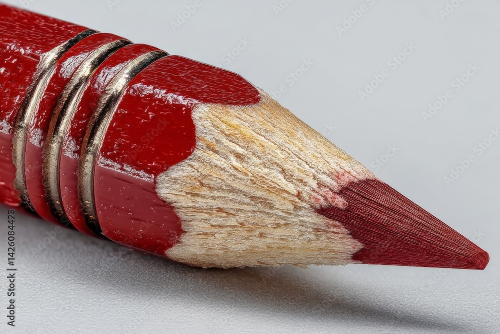 Poster Close-up of a sharpened red pencil highlighting its fine point and wooden texture against a neutral background