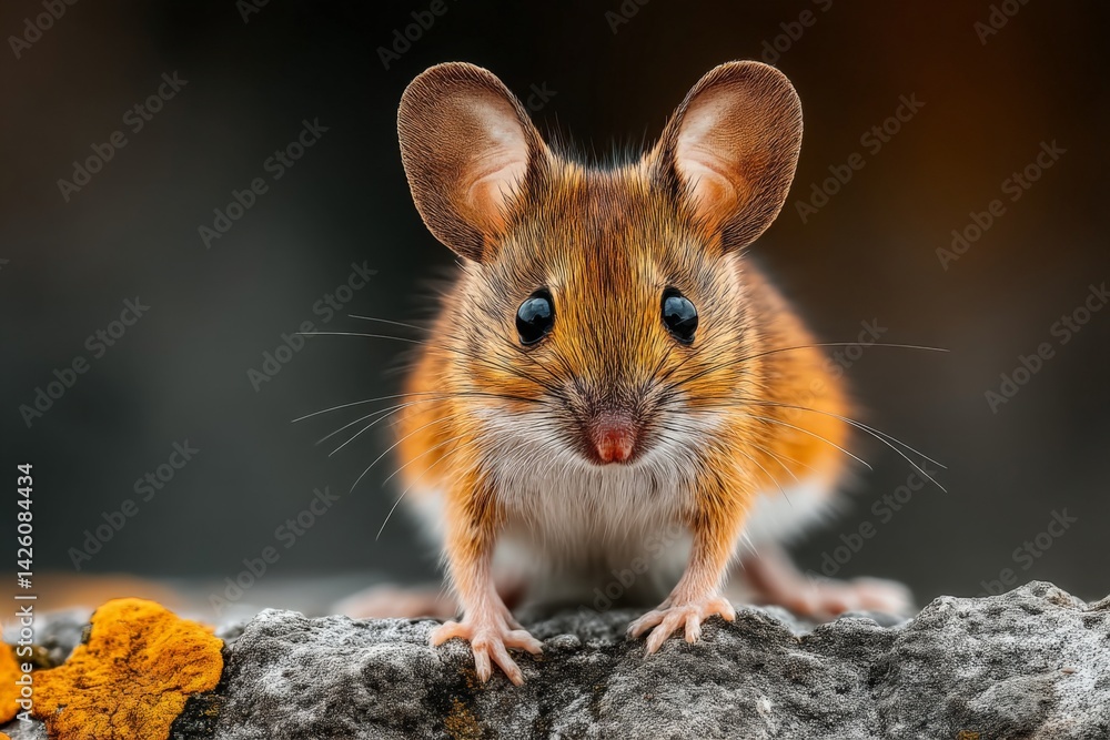 Poster cute small mouse with large ears exploring rocky surface in nature during daylight hours