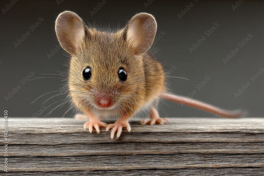 Poster small brown mouse exploring a wooden surface in a cozy indoor setting during daylight hours