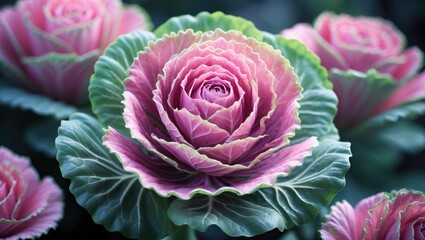Close-up of pink ornamental cabbage with multilayered, wavy leaves resembling a rose in a garden setting