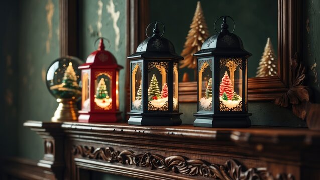 Festive scene with three illuminated lanterns and a snow globe on a carved wooden mantel celebrating holiday joy