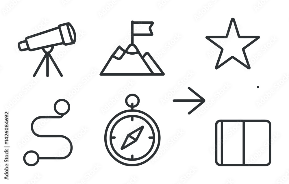 Poster travel and exploration icon set: linear style for maps and adventure projects