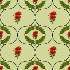 A seamless floral pattern featuring vibrant red poppy flowers surrounded by green leaves on a soft green background. The design is structured with black outlines creating an elegant, repeating motif.