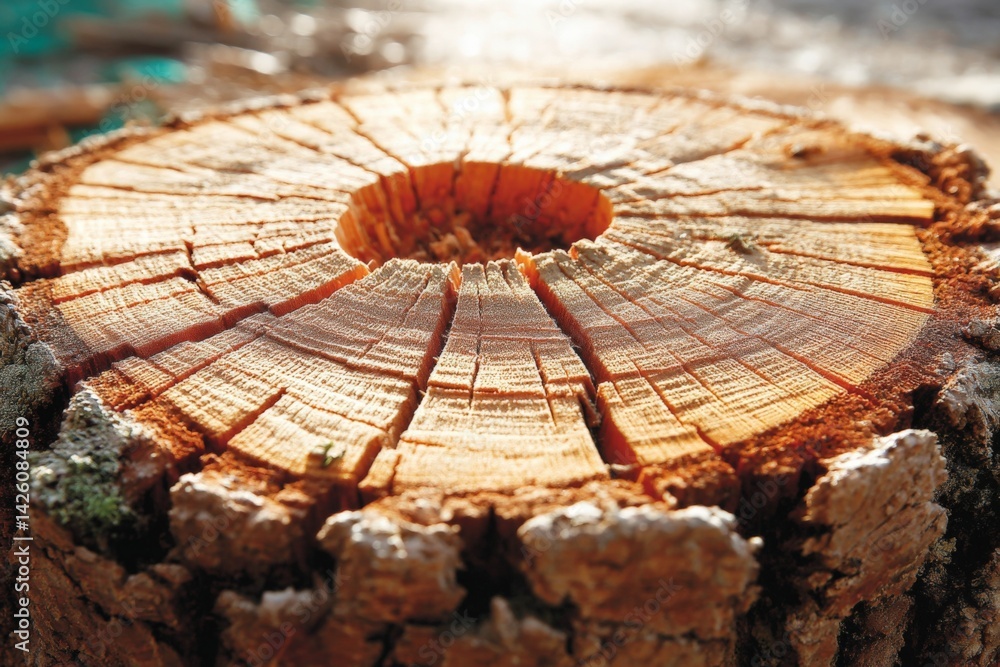Aufkleber detailed view of tree stump displaying intricate rings and textures in a natural outdoor setting dur