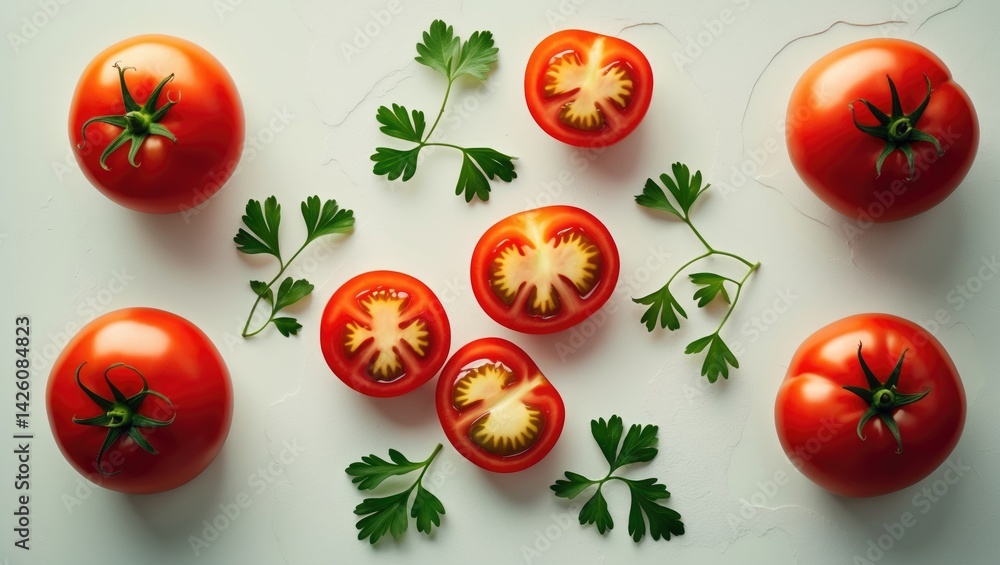 Poster close-up of sliced tomatoes with parsley leaves on a white background
