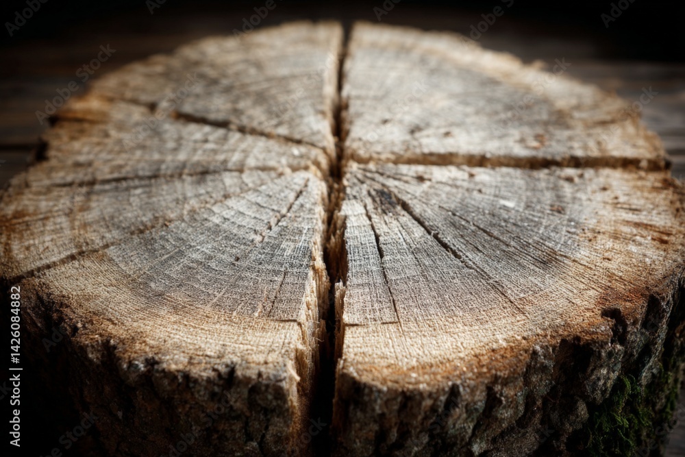 Poster Wooden cut log showing detailed texture and grain patterns in a rustic, natural setting