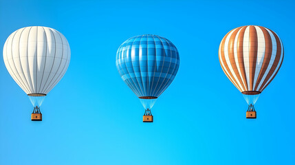 Fototapeta premium Three hot air balloons soar against a clear blue sky, ideal for travel and adventure promotions