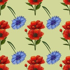 A seamless pattern featuring vibrant red poppy flowers and blue cornflowers on a light green background. The design is floral and colorful, ideal for textiles or wallpaper.