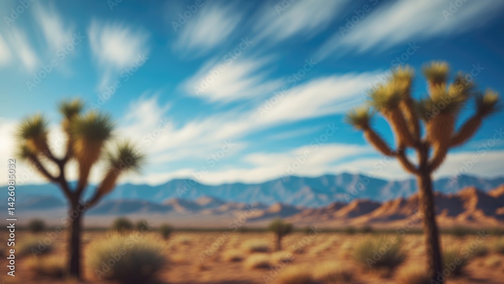 Aufkleber blurred background of summer wilderness with trees and mountains under a bright blue sky in a scenic