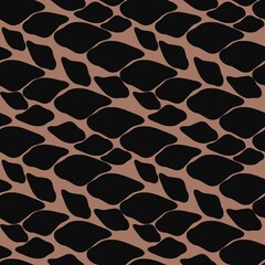 A seamless pattern featuring abstract, irregular shapes in black against a warm brown background. The design evokes a modern and artistic feel, suitable for textiles or wallpapers.