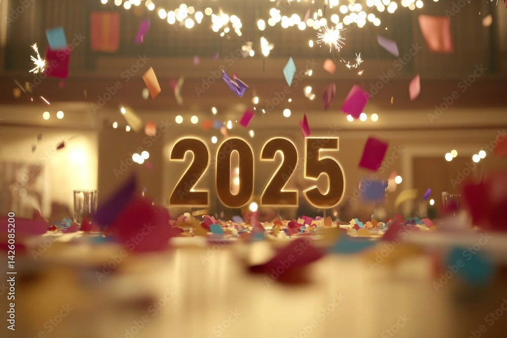 Poster Golden numeral centerpiece displays 2025, surrounded by colorful confetti and sparklers, creating a festive and joyful ambience for a new year's celebration