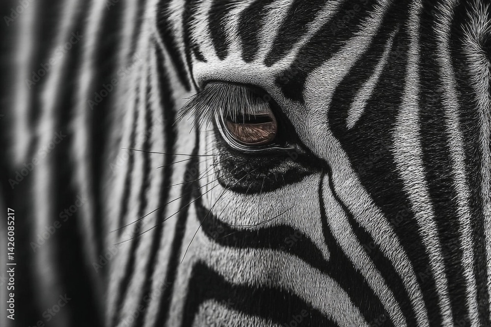 Poster Close-up view of a zebra's eye with striking black and white stripes illustrating its unique pattern