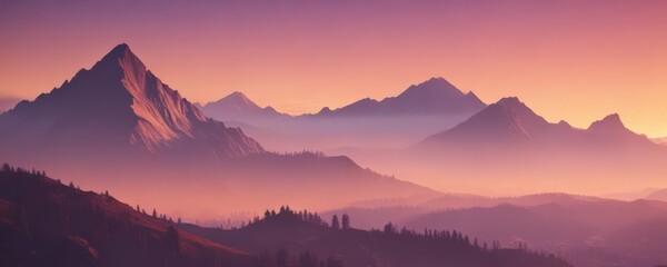 Obraz premium Misty mountains bathed in ombre sunset, vibrant gradient sky, gradient, ombre, atmospheric