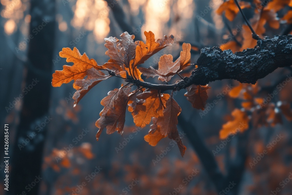 Aufkleber autumn leaves on a branch in a tranquil forest setting during dusk