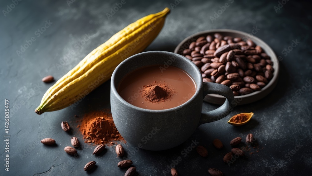 Poster Cocoa Collection from a Top View with Beans and Nibs