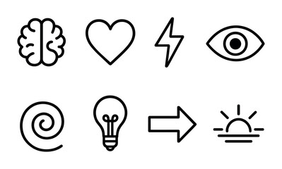Minimalist linear icon set: brain, heart, lightning, eye, spiral, bulb, arrow, sunrise