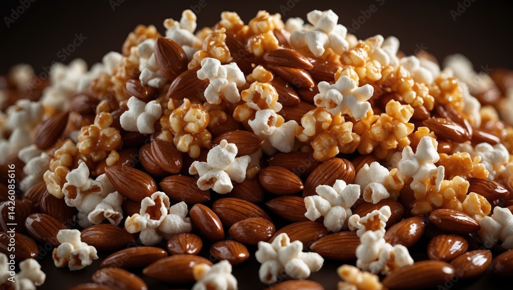 Poster close-up of caramel-coated almonds stacked in a top view for a food background
