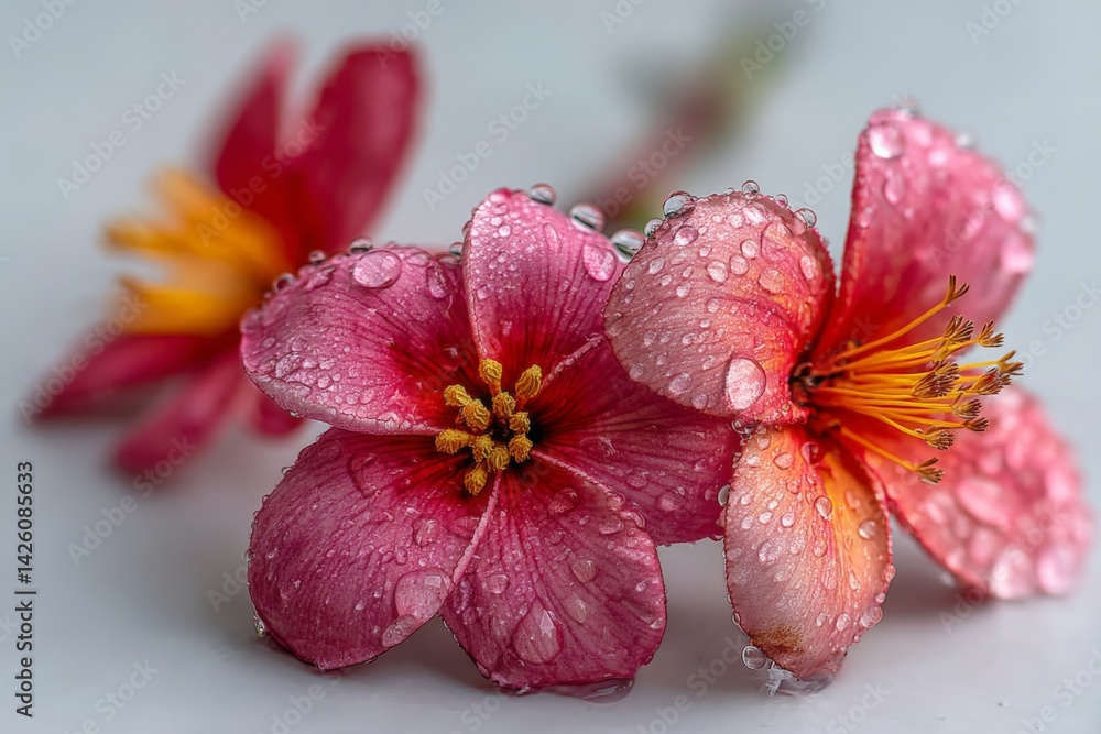 Poster beautiful blossoms with droplets showcasing vibrant colors in a close-up setting