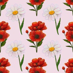 A seamless pattern featuring vibrant red poppies and white daisies on a soft pink background. The flowers are illustrated with detailed petals and green leaves, creating a cheerful and fresh design.