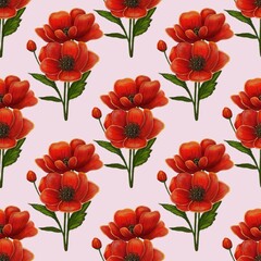 A seamless pattern featuring vibrant red flowers with green leaves on a soft pink background. The flowers are detailed and arranged in a repeating design, creating a cheerful and lively atmosphere.