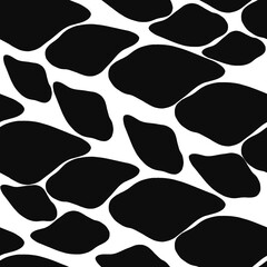 A seamless pattern of irregular black shapes on a white background, resembling abstract stones or pebbles. Ideal for modern design projects, textiles, or wallpapers.