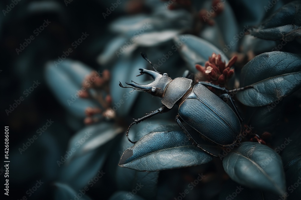Aufkleber Close-up view of a beetle resting on dark green leaves with red flower buds in a serene natural setting during the evening hours