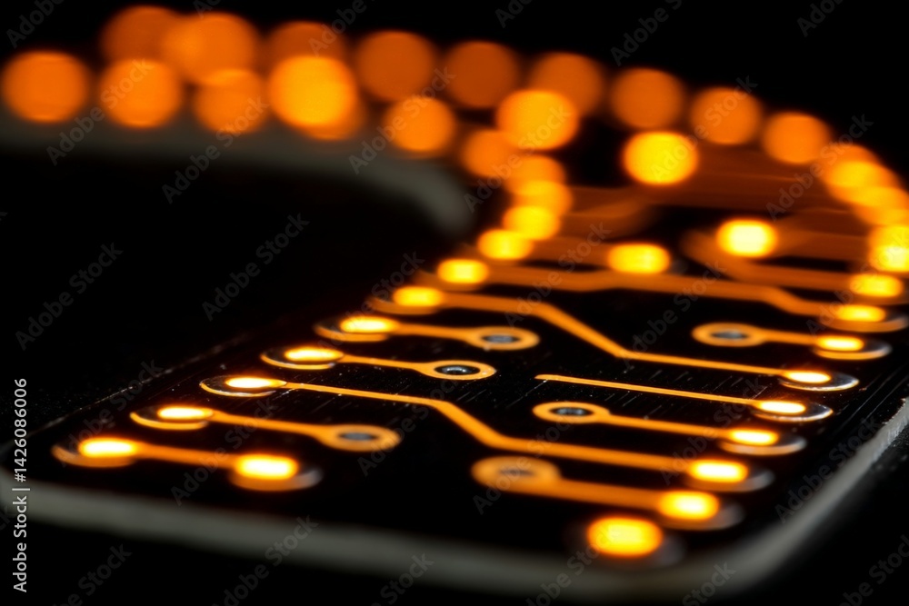Leinwandbilder close-up of glowing circuit board with orange leds illuminating intricate pattern
