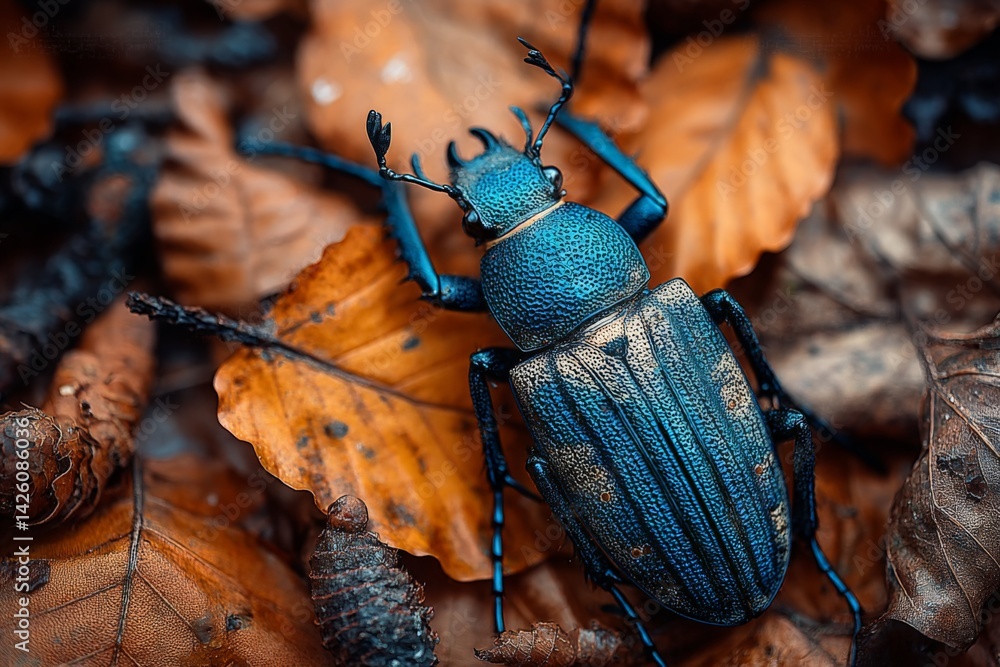 Poster vibrant beetle resting on autumn leaves in a forest setting during the golden hour