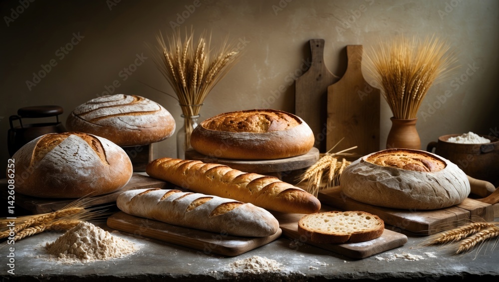 Aufkleber different types of bread with wheat, flour, and kitchen utensils displayed on a stone surface, top v