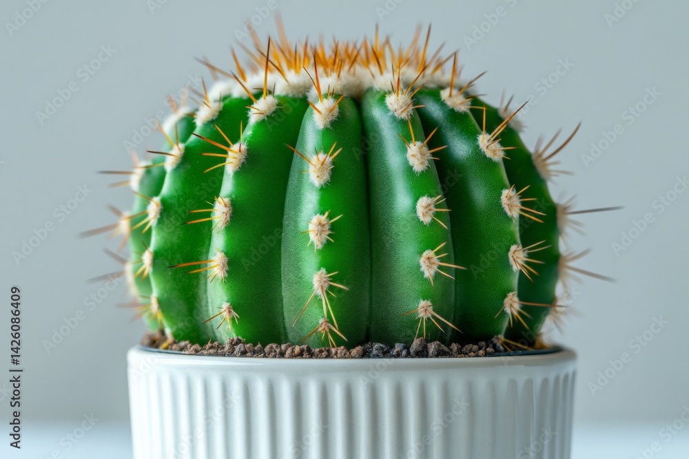 Poster unique green cactus with vibrant spines displayed in a modern pot on a clean white background
