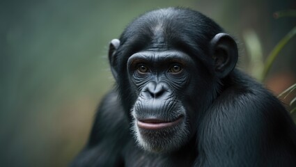Close-up of a curious adult chimpanzee with a smiling face and intelligent expression