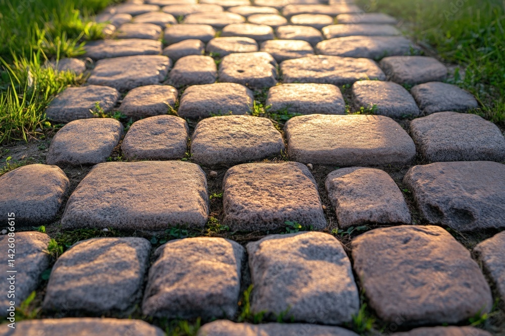 Poster warm sunlight illuminates a cobblestone pathway in a serene garden setting during late afternoon