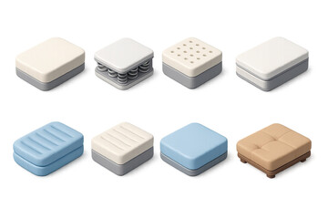 Mattress and bedding icon set – 3d style sleep and rest symbols featuring pillows, spring mattress, memory foam, gel mattress, futon, air mattress, waterbed
