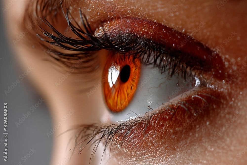 Poster detailed close-up of an eye with vibrant orange iris and dark pupil, showcasing intricate textures a