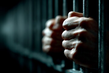 Both hands grip prison bars in darkened cell highlighting tension and confinement