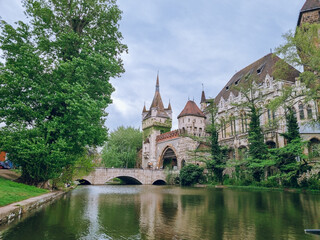 Fototapeta premium Lake view to the Vajdahunyad Castle, Medieval castle in Budapest, Hungary