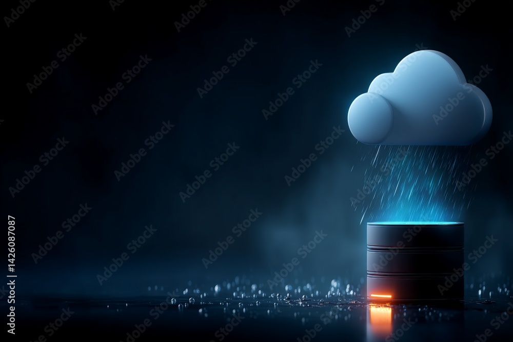 Aufkleber Modern cloud computing concept showing data storage with rain and cloud imagery in a dark setting