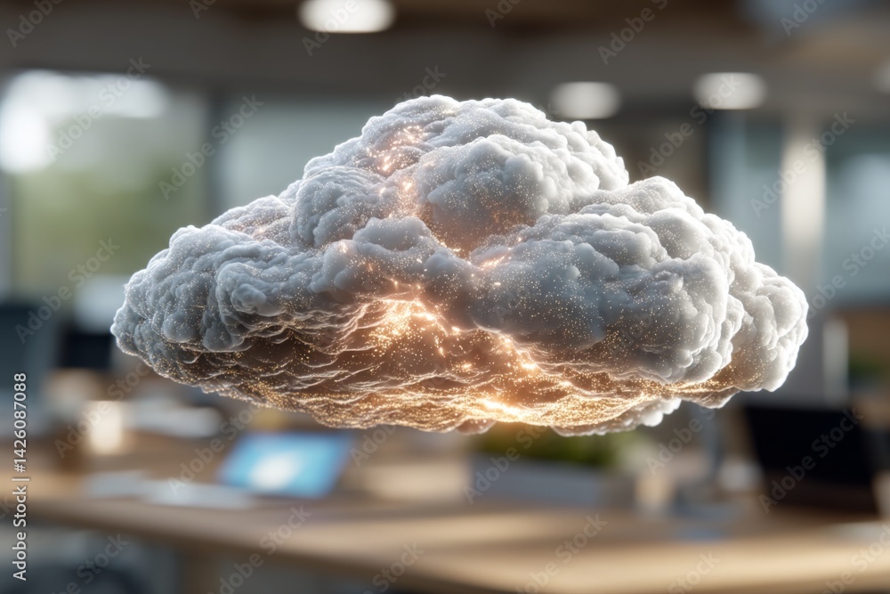 Poster Creative digital representation of a cloud with glowing effects above a modern workspace during daytime hours