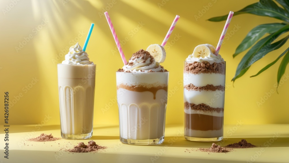 Poster set of three different milkshakes against a bright backdrop